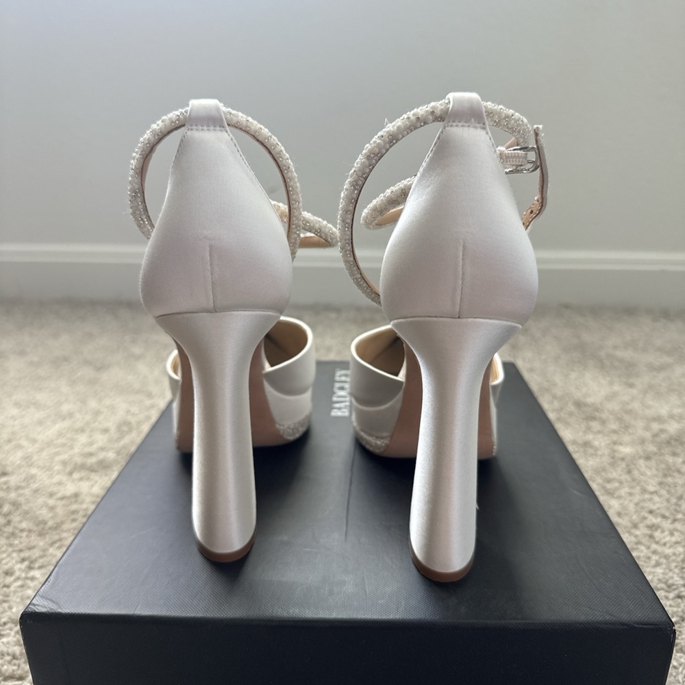 Badgley Mischka Ivory Satin Crystal Platform Ankle-Strap Pumps - Picture 3 of 5